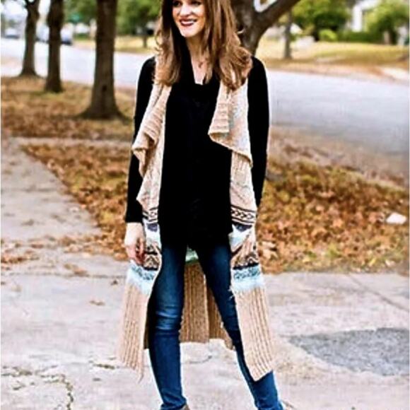 Anthropologie Sleeping On Snow Qullins Jacquard Sweater Duster Sleeveless Tan - Picture 7 of 14